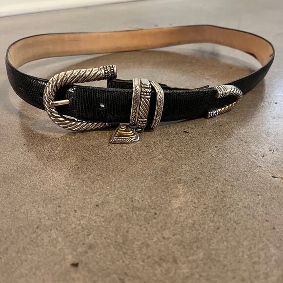 Vintage Brighton Black Leather Belt Silver Heart charm Buckle western Med RARE - Picture 3 of 8